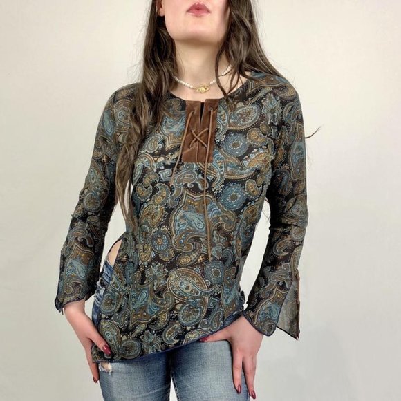 Vintage Tops - SOLD | paisley bell sleeves blouse w suede accents